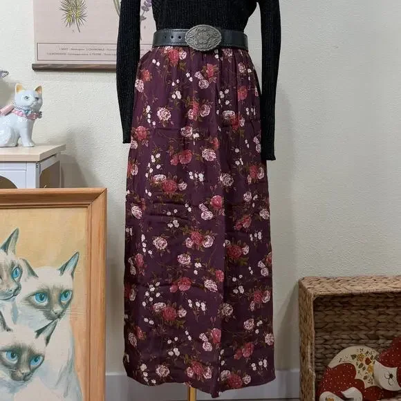 Vintage 90s Purple Floral Maxi Skirt Whimsigoth Cottage Prairie Fairy Grunge M - Picture 3 of 5